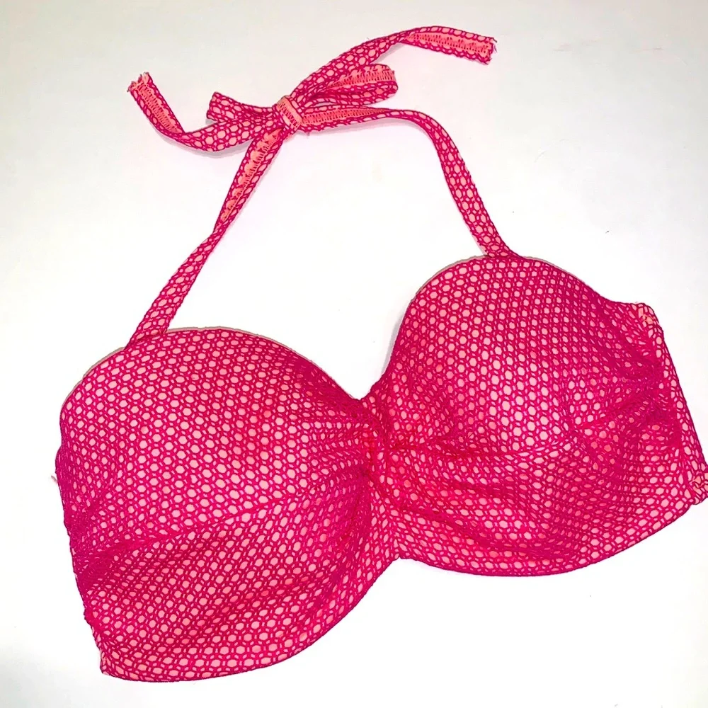 Victorias Secret Bikini Top Bandeau Halter Crochet Lace Pink Orange/Coral 34DD